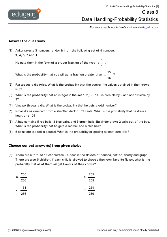 Grade 8 Math Worksheets and Problems: Data Handling-Probability