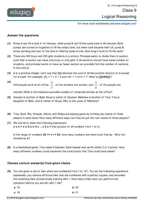 Grade 9 Math Worksheets And Problems Logical Reasoning Edugain UAE