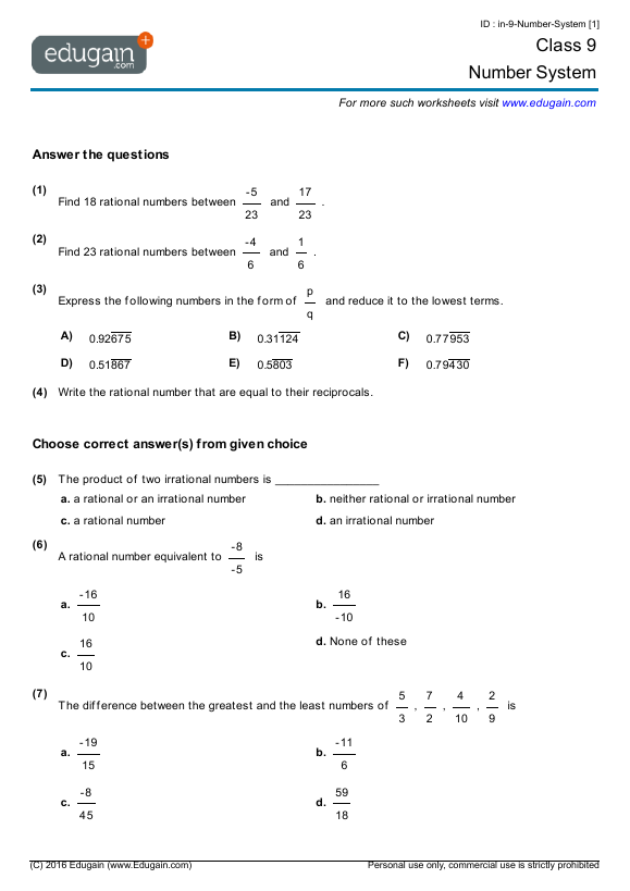 Grade 9 Math Worksheets And Problems Number System Edugain UAE