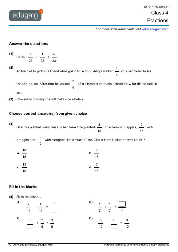 fractions practice questions pdf