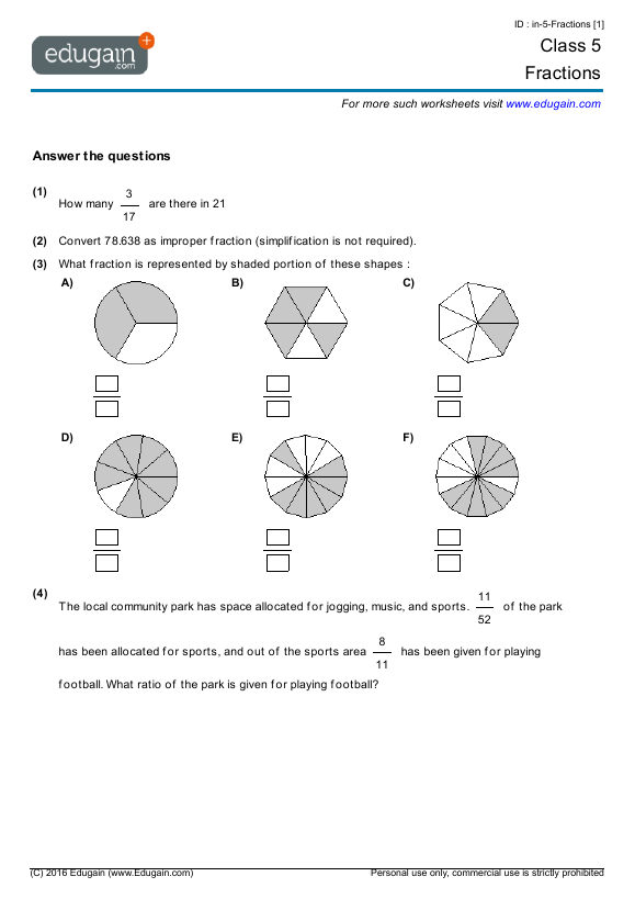 Grade 5 Fractions Math Practice Questions Tests Worksheets Quizzes Assignments
