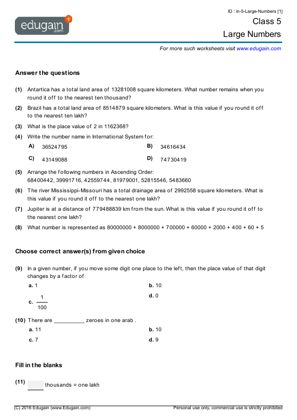 Grade 5 Large Numbers Math Practice Questions Tests Worksheets Quizzes Assignments