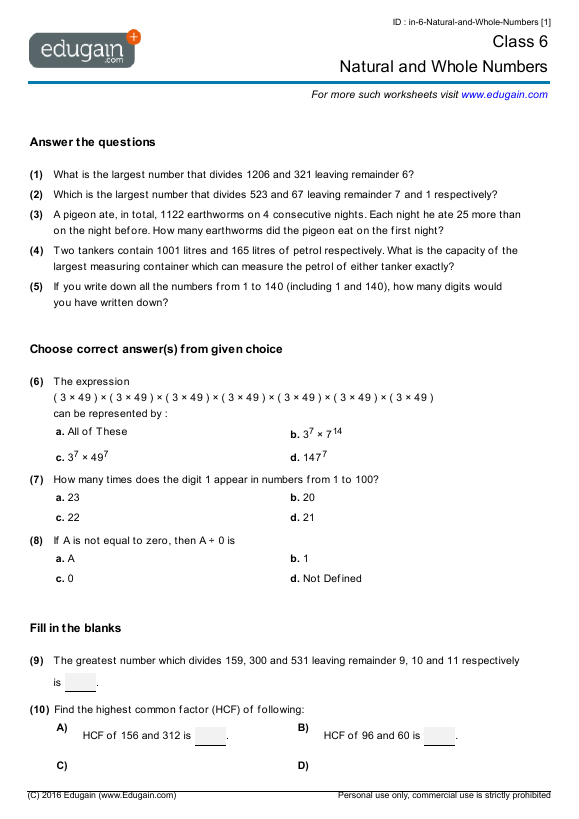 Class 6 Whole Number Worksheet