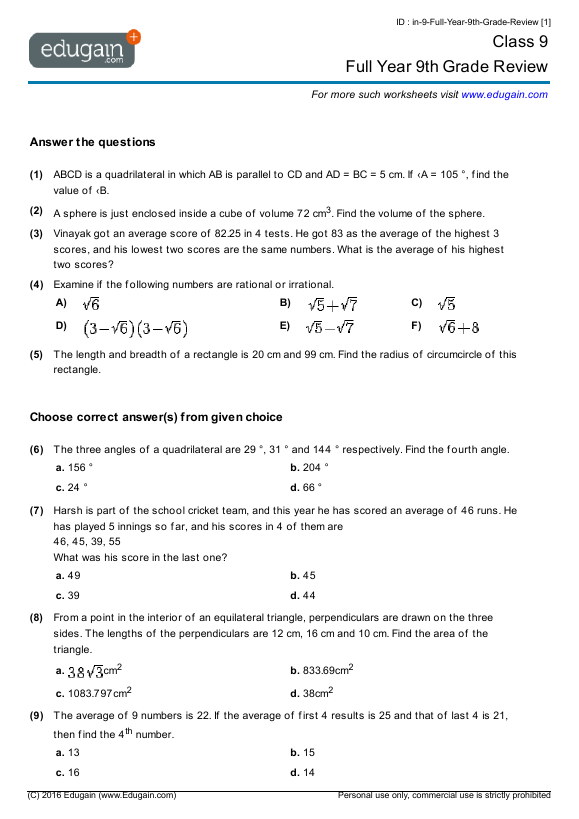 Grade 9 Full Year 9th Grade Review Math Practice Questions Tests 